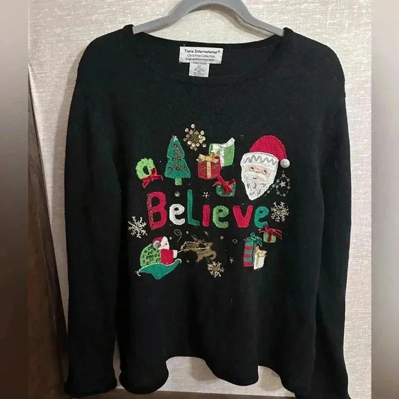 Black Long Sleeve Christmas Santa Believe Sweater Size XL - Picture 1 of 10